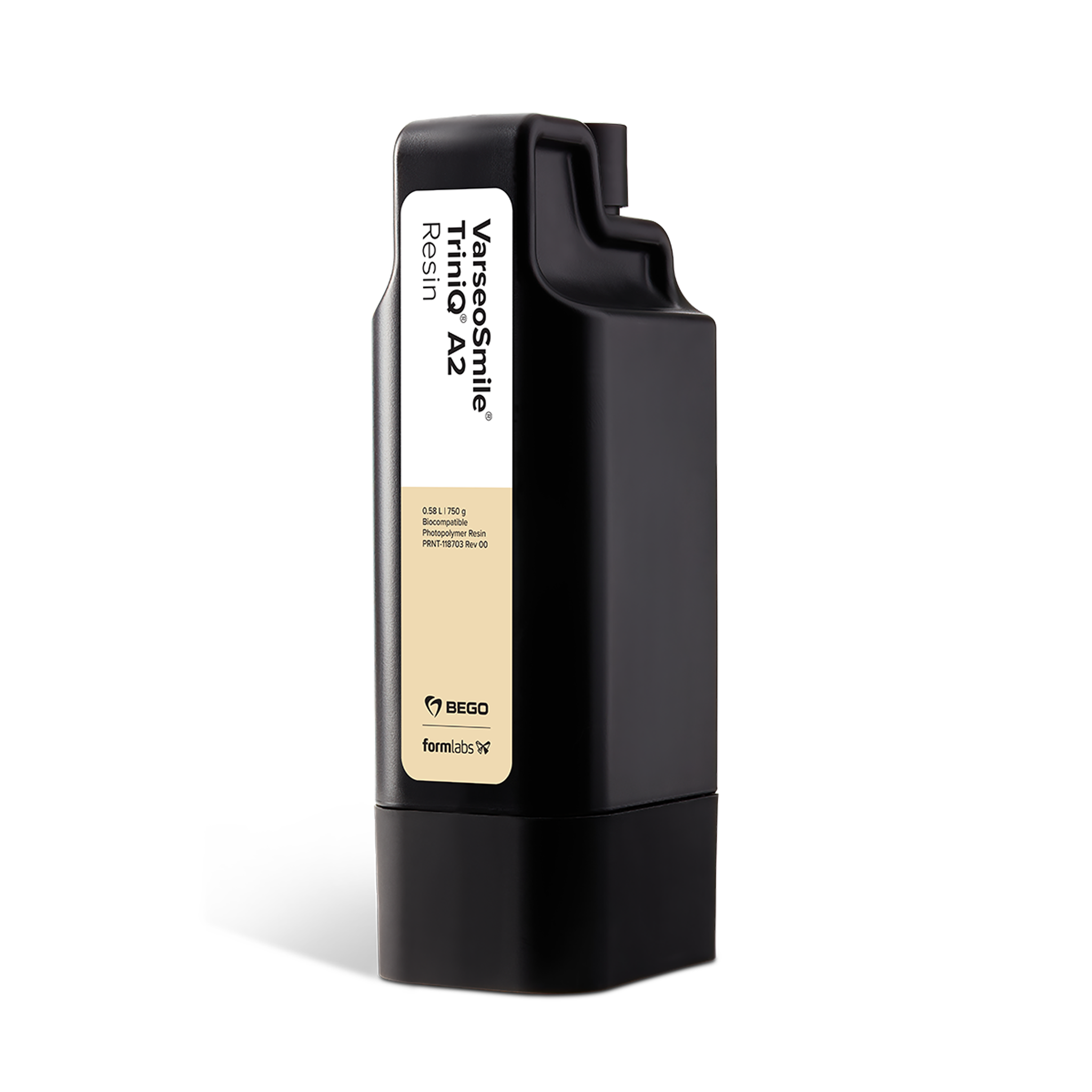 Formlabs® BEGO™ VarseoSmile® TriniQ® A2 Dental Resin - 0.58L for Form 4B 3D Printers - Angled View