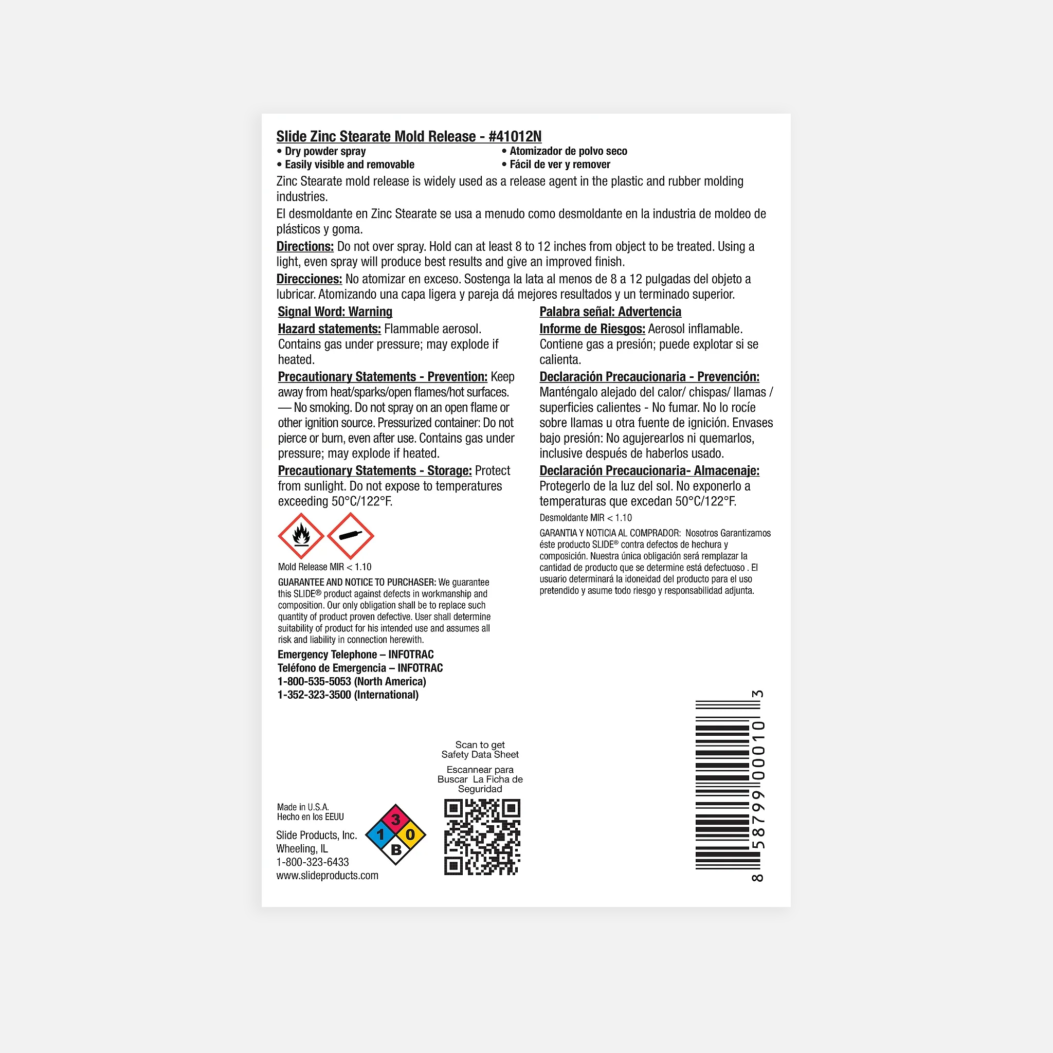 Slide® Mold Release Powder - Zinc Stearate Aerosol Label