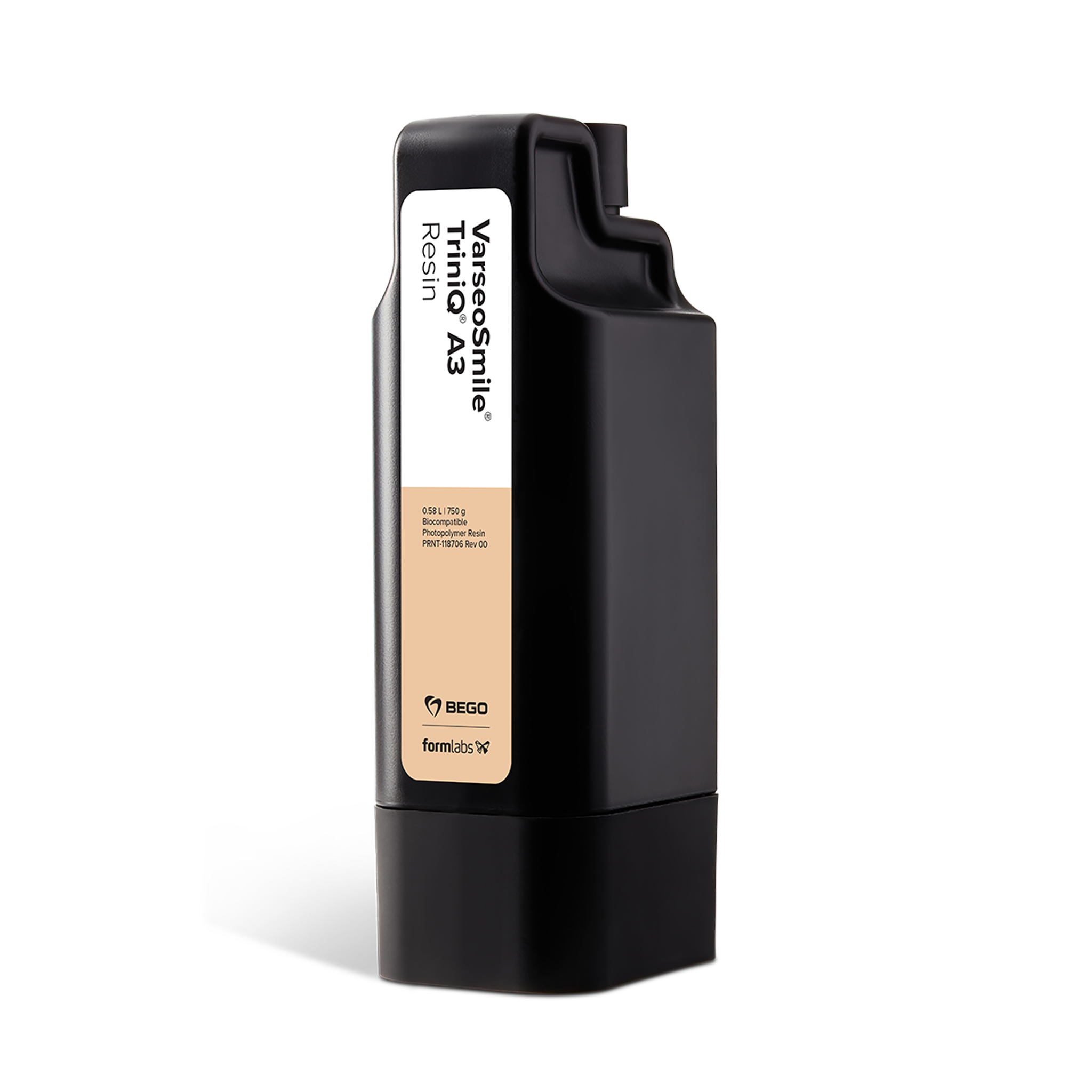 Formlabs® BEGO™ VarseoSmile® TriniQ® A3 Dental Resin - 0.58L for Form 4B 3D Printers - Angled View