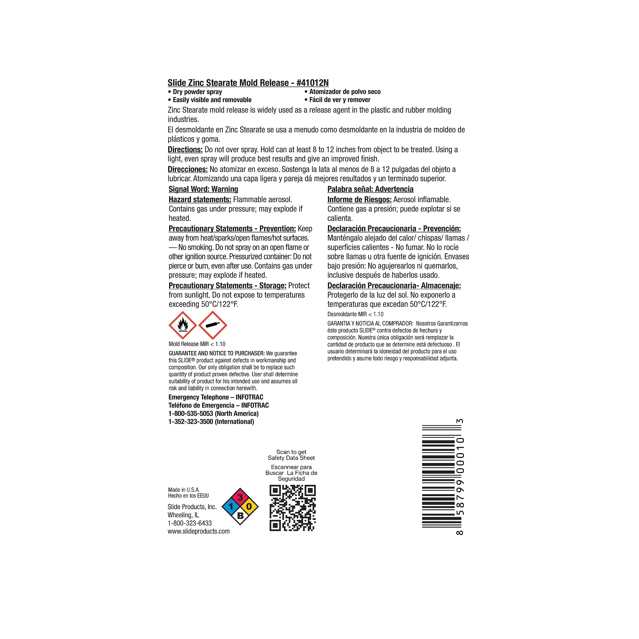 Slide Mold Release Powder - Zinc Stearate Aerosol Label